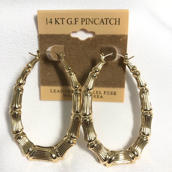 14k Gold Filled Oval Bamboo Hoop Earrings - Picture 3 of 5